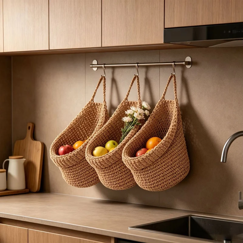3PCS/Set Durable Hand-Woven Wall Hanging Basket Decorative Space Saving Vegetable Fruit Storage Baskets Soft Sundries Organizer