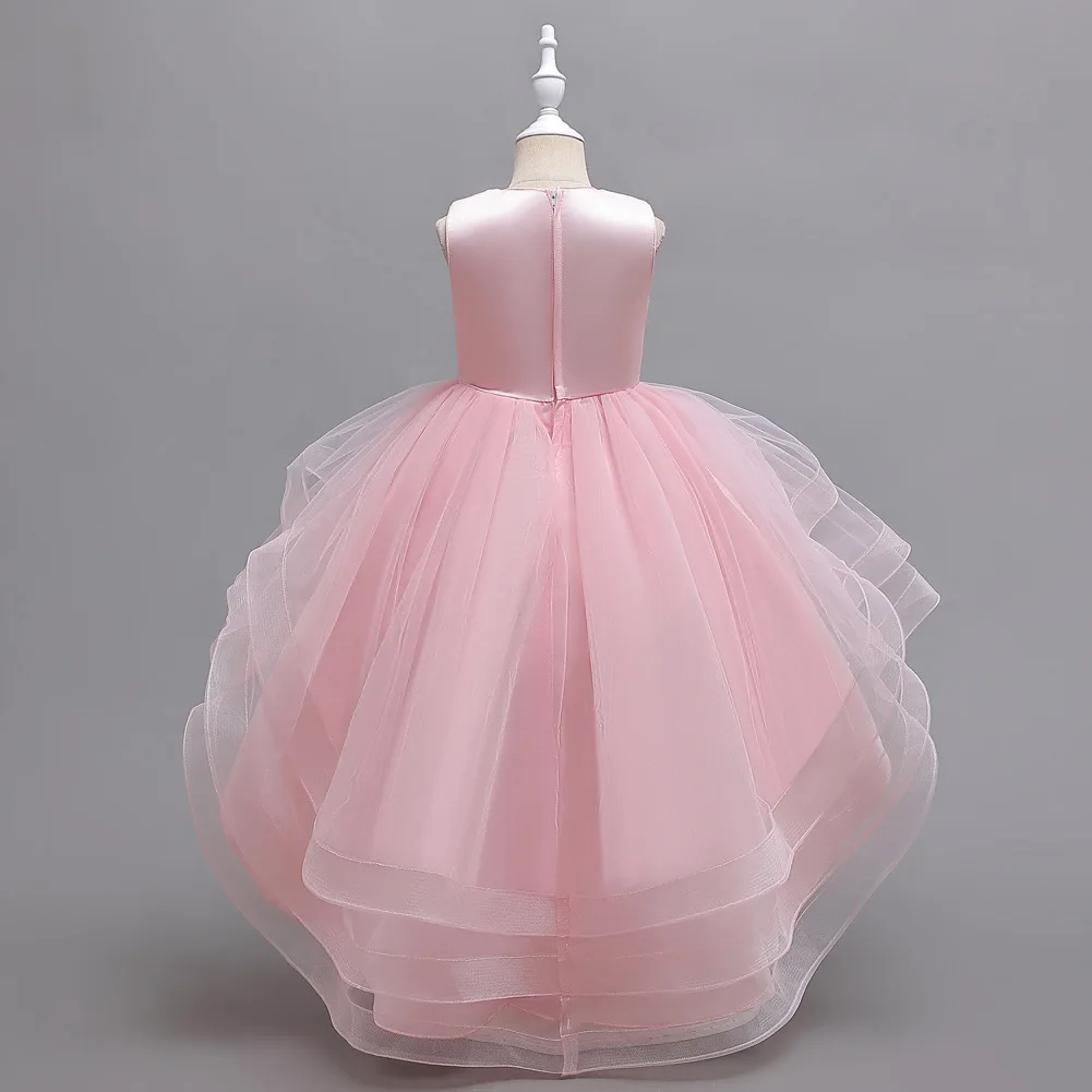 Long Tail Kids Elegant Dresses Girls Tulle Layered Sequins Wedding Fluffy First Communion Prom Gown Child Evening Party Costume