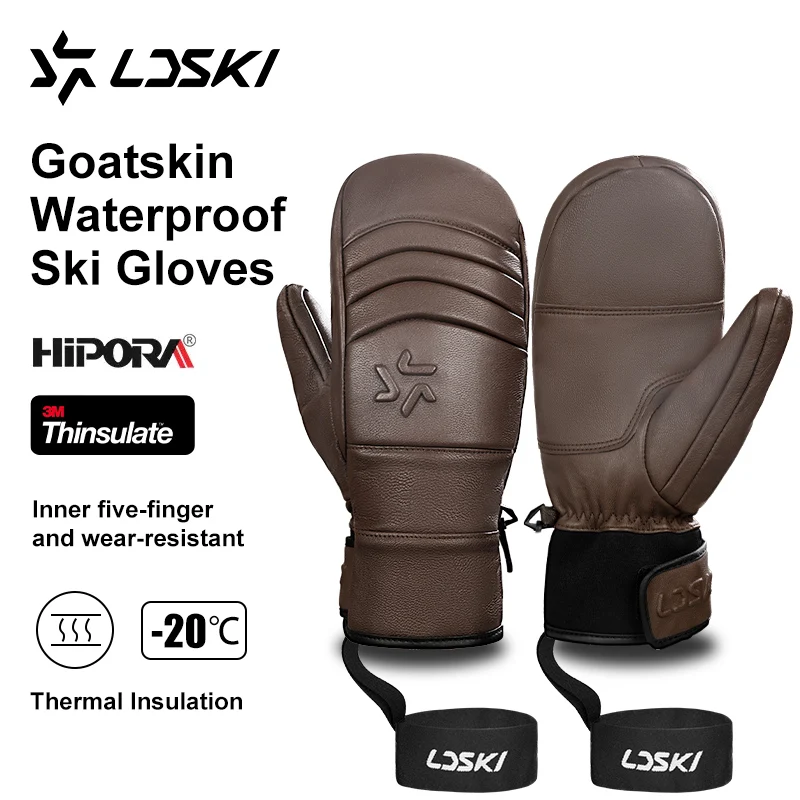 

LDSKI Ski Gloves Goat Leather Thermal Waterproof 3M Thinsulate Warm Mitten Winter Snow Outdoor Sports Snowboard Accessories