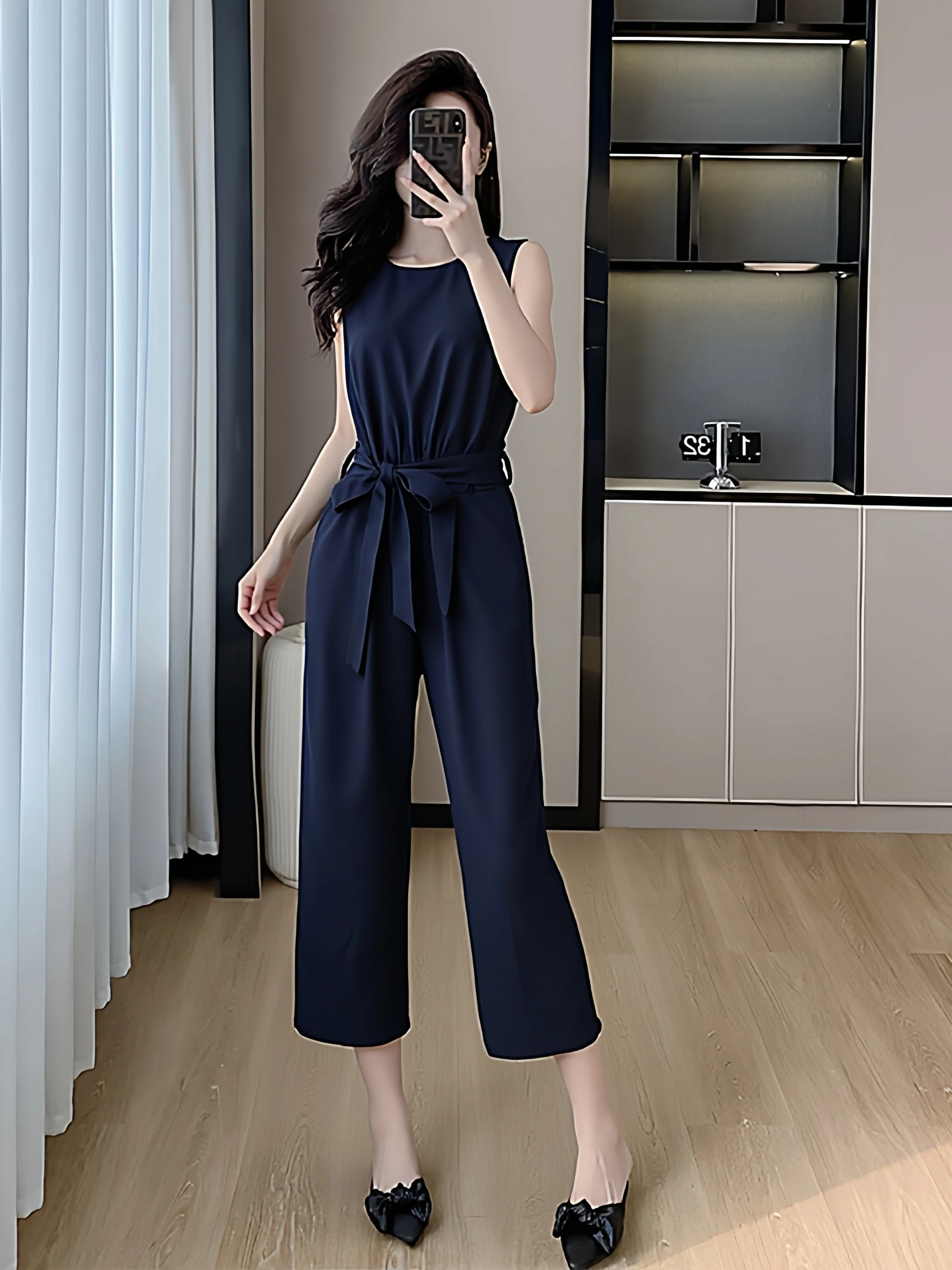 

Summer Ele Slim Fit Wide Leg Suit Set Women's Svel Belted Nine Points Pant Suits Big Size Fat MM