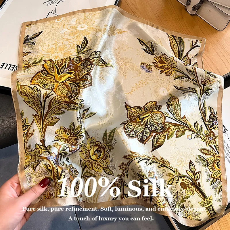 

Fashion Satin 100% Pure Silk Scarf Women 53cm Square Neck Scarf Floral Print Hair Bandana Foulard Headscarf Shawl Wrap for Lady