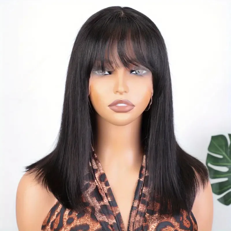 Short Straight Bob Wig with Bangs Human Hair Glueless Middle Part Upgraded Natural Black Bob Wig Human Hair With Bangs for Women