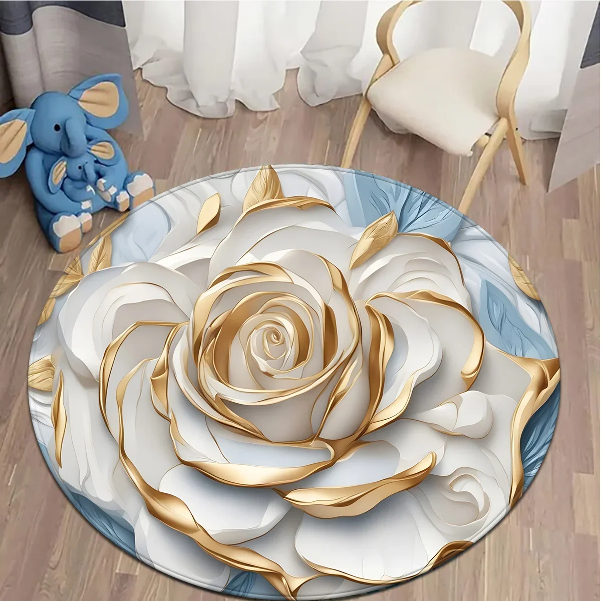 1pc round floor mat with white rose and gold decoration, polyester fabric, suitable for bedroom and living room decoration