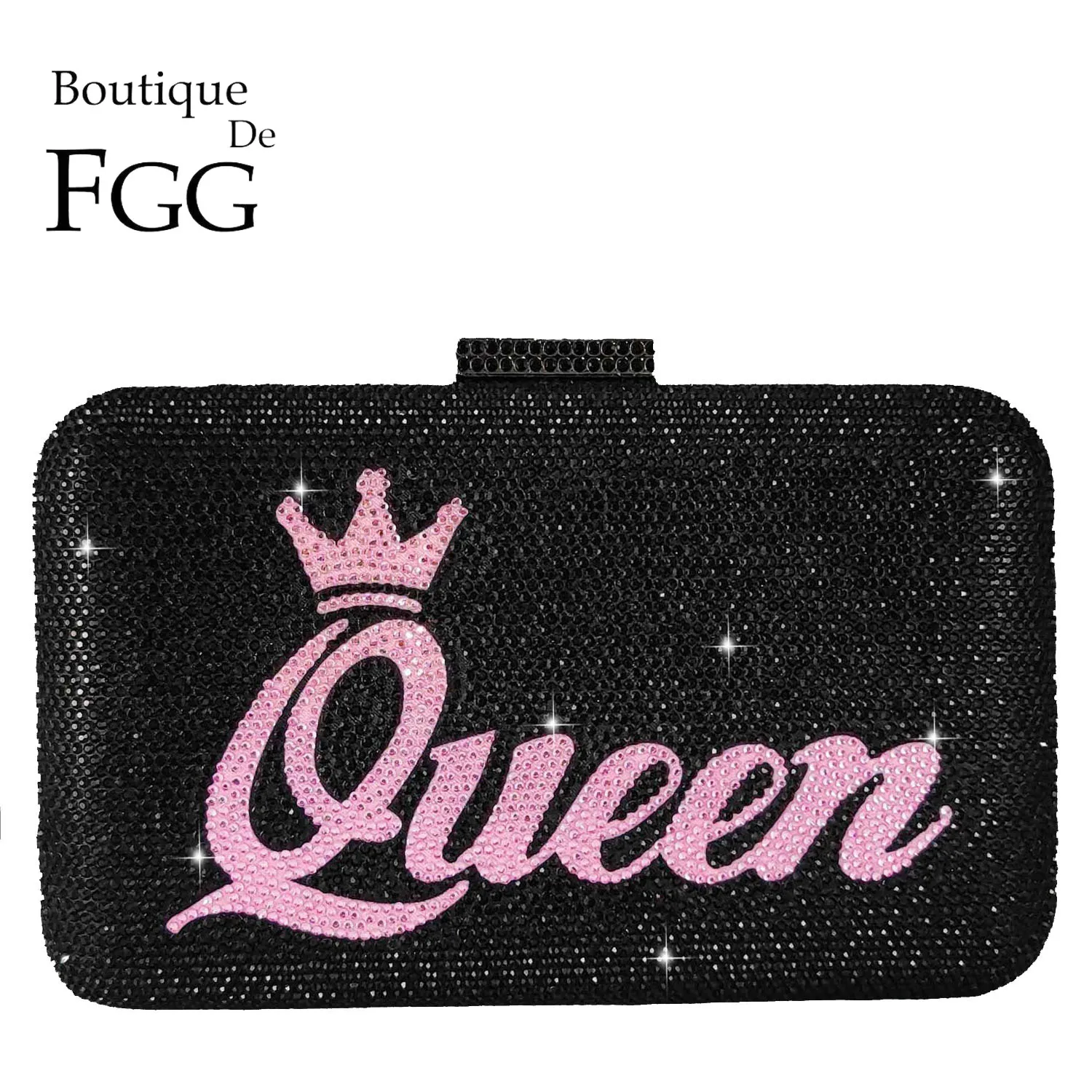 Boutique De FGG Luxury Crystal Evening Bags Women Black PInk Queen and Crown Clutch Purse for Wedding Bridal Rhinestone Handbags