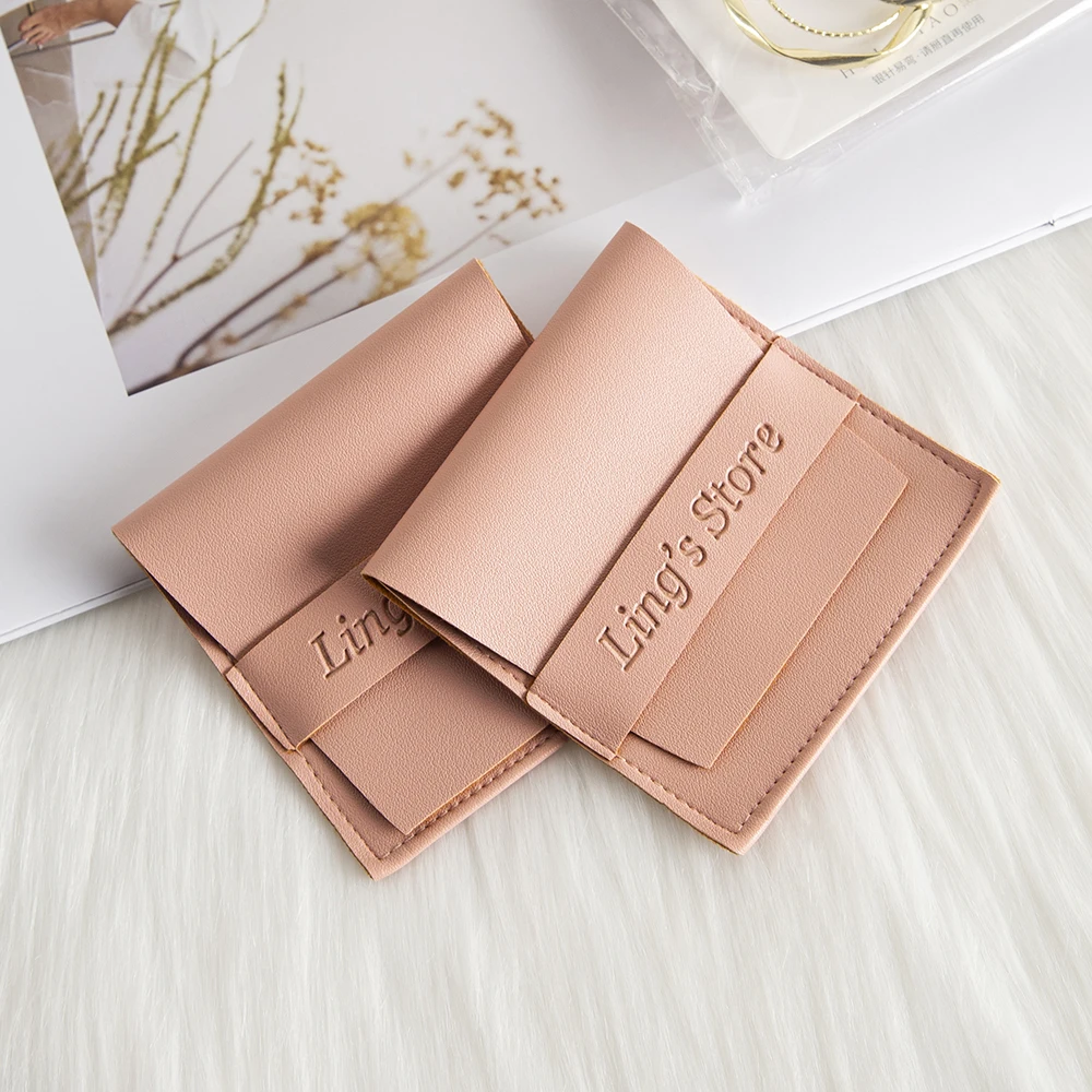 

Personalized Logo 8x8cm Pink Leather Jewelry Strip Bag Custom Logo Portable Travel Pouch Ring Earring Key Coin Card Organizer