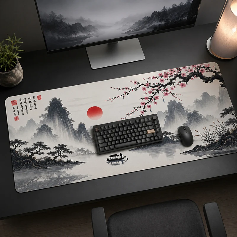 Mouse Pad Ink Landscape Red Sun Cherry Blossom Gamer printon demand Large Mousepad XXL Mouse Mat Natural Rubber Carpet Office