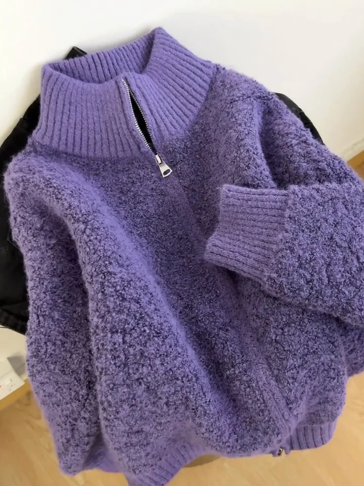 

Purple Stand Collar Sweater for Women Autumn 2025 New Long Sleeved Soft Casual Knitted Jacket Chic Double Zipper Knitwear Tops
