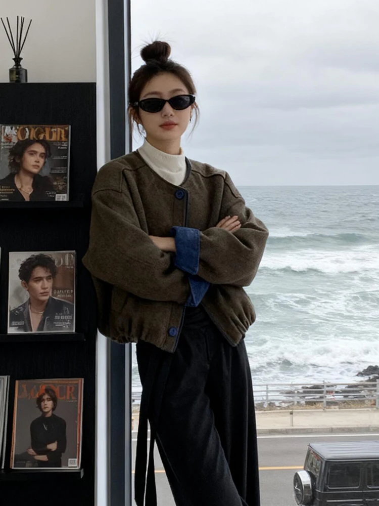 Retro American Suede ort Jaet Women's Loose Casual Sle Autumn Winter Top Small Size Faionable Leisure Outerwear