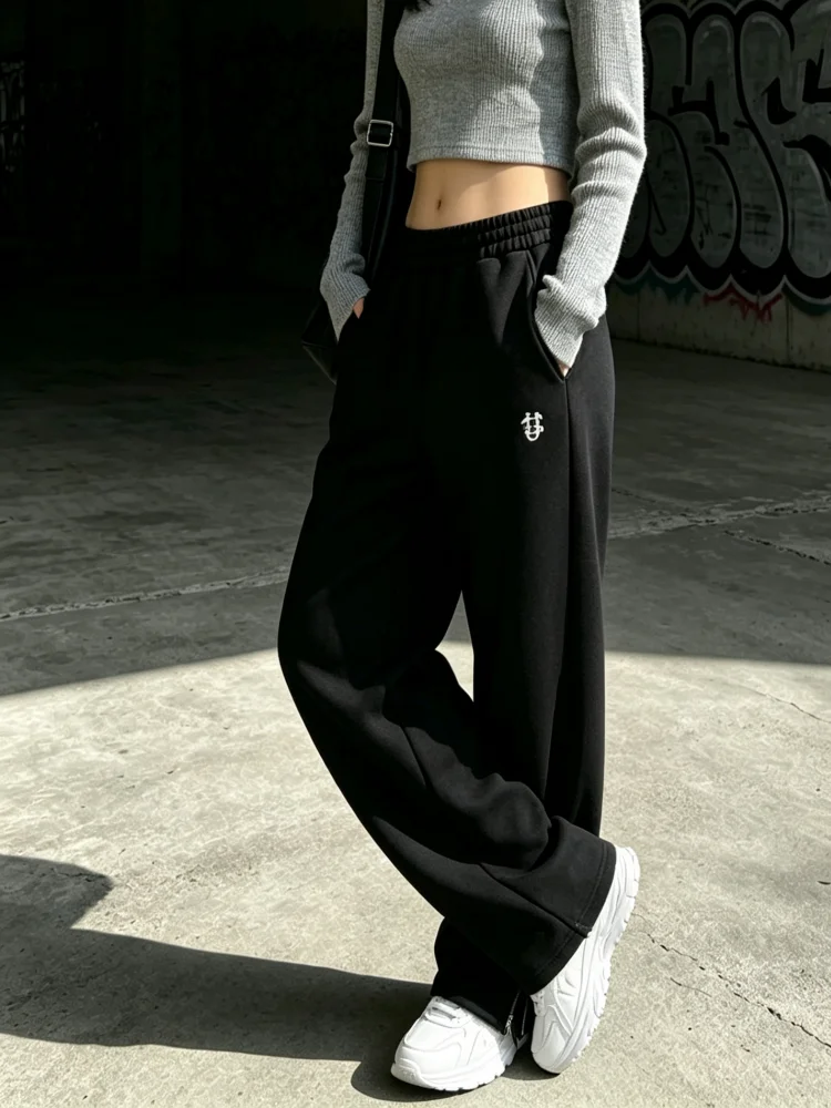 Y2k Street Trendy Hosen für Damen, Hip-Hop-Stickerei, Unisex Freizeithosen, elastischer Bund, Reißverschluss, locker geschnittene, einfarbige Sport-Sweatpants – Detail 9
