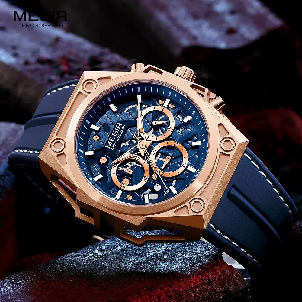 MEGIR Watch Men Blue Silicone Strap Quartz Watches Fashion Waterproof Chronograph WristWatch Man часы мужские relogio masculino