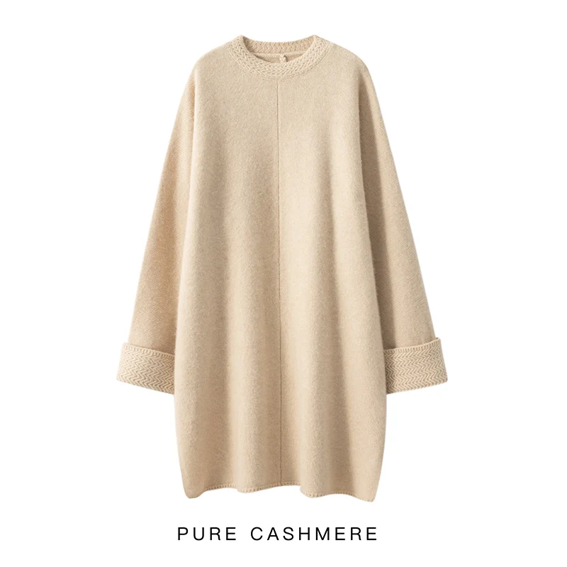 High-end New 100% Cashmere Long Sweater Dress Women Casual Knit Dresses Winter Female Loose Large Size O-Neck Elastic Pullover