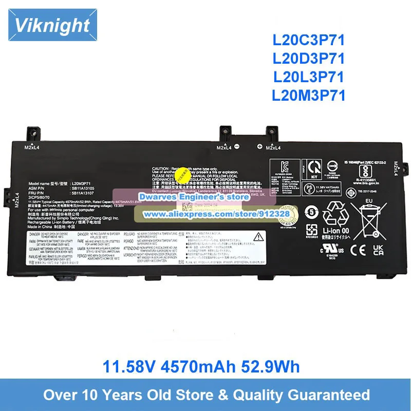 L20M3P71 Battery L20C3P71 L20D3P71 L20L3P71 11.58V 4570mAh 52.9Wh Compatible with ThinkPad X13 Yoga G2