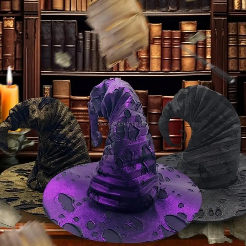  Halloween Cosplay Witch Wizard Hat with Tattered Hole Carnivals Party Headpieces Devil Hat Cosplay Tool for Adult Teen
