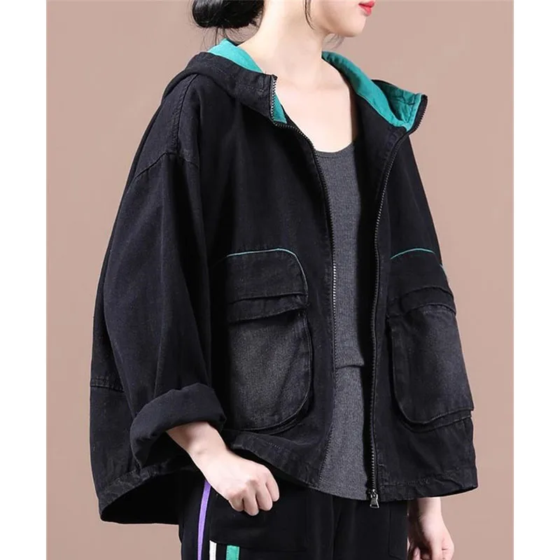 

Корейская женская модная свободная джинсовая куртка с капюшоном, женская короткая джинсовая куртка на молнии, осень-зима, женские ковбойские топы с длинными рукавами, пальто