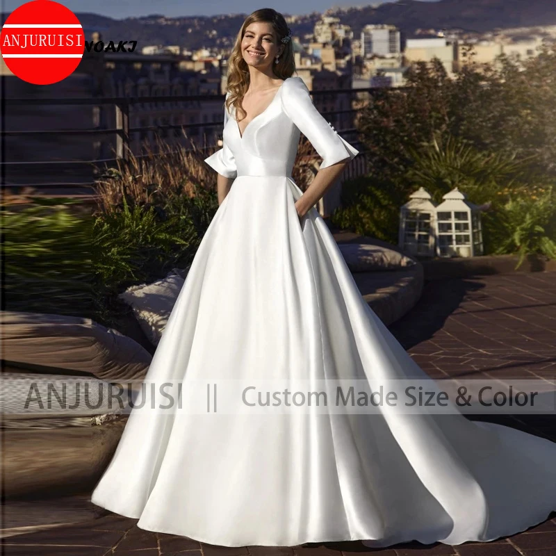 

Satin Puff Sleeve Wedding Dresses For Women 2024 Sexy V-Neck Vestidos De Novia Back Appliques With Pockets Bride Gowns A-Line