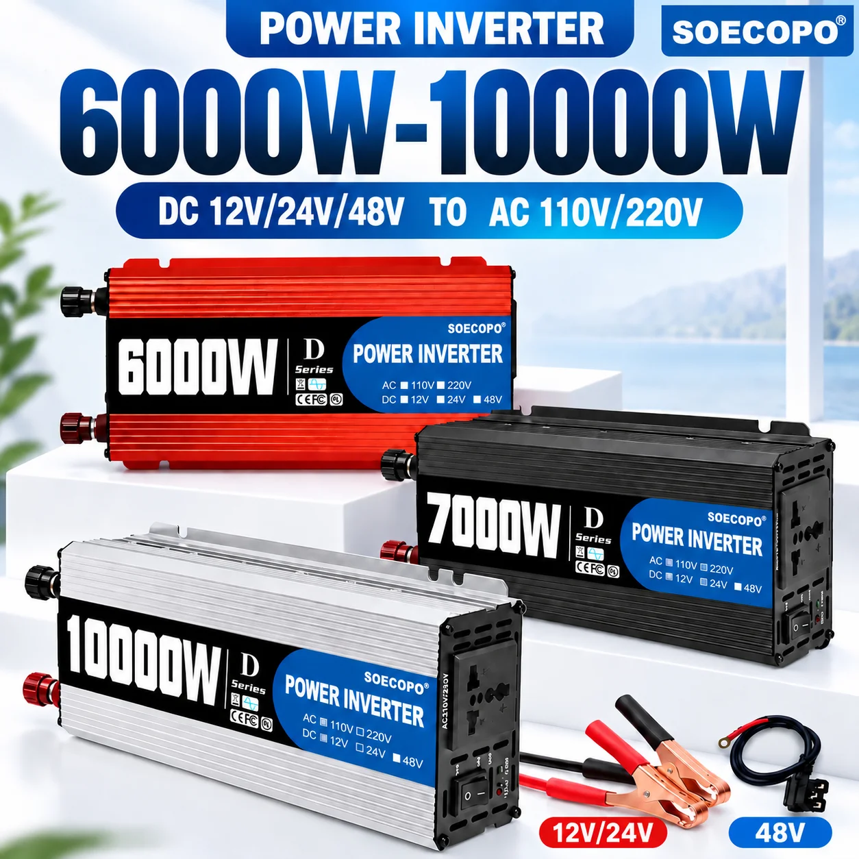 SOECOPO Peak 6000W-10000W Power Inverter ( DC 12V/24V/48V to AC 110V/220V) Mobile Power for Picnic Radio Use Car RV Camping Home