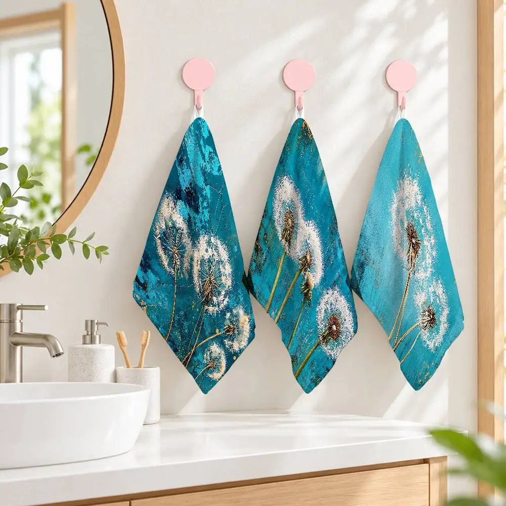 Dandelion Turquoise Printed Cute Printed Small Towel Polyester Cotton Hand Towel Soft Wiping Cloth For Home Bathroom Kitchen