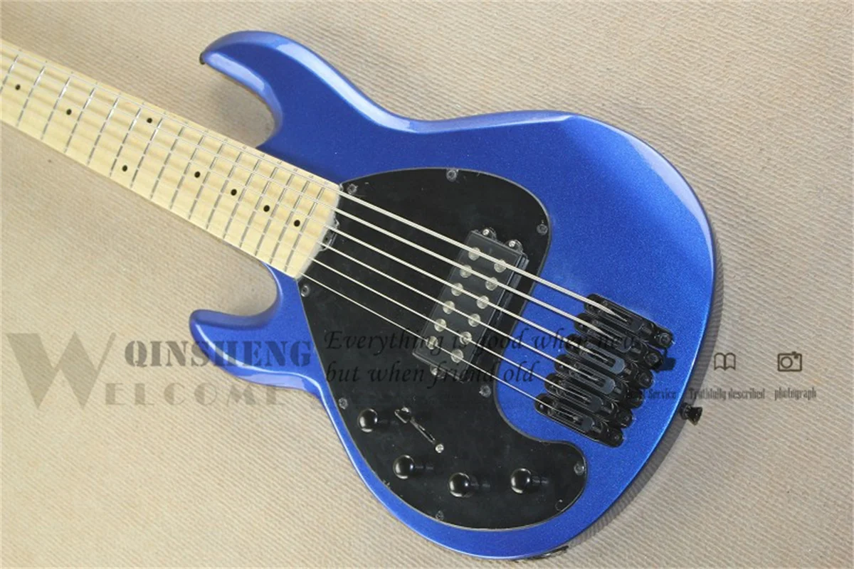 6 Strings Left Hand Electric Bass Guitar Ray Bass Metal Blue Basswood Body Single Bridge Black Knobs