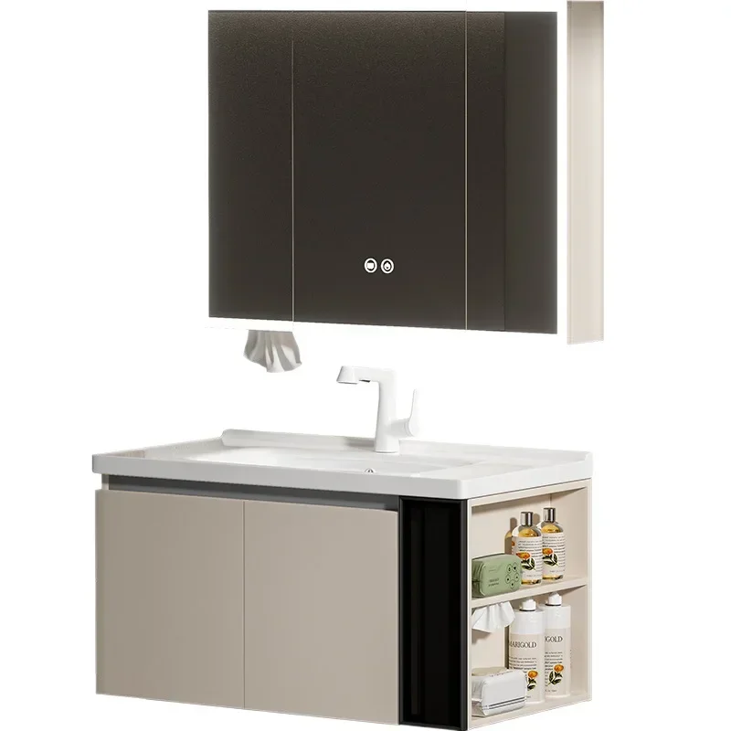 cream wind bathroom cabinet combination with side storage wash basin ceramic integrated basin