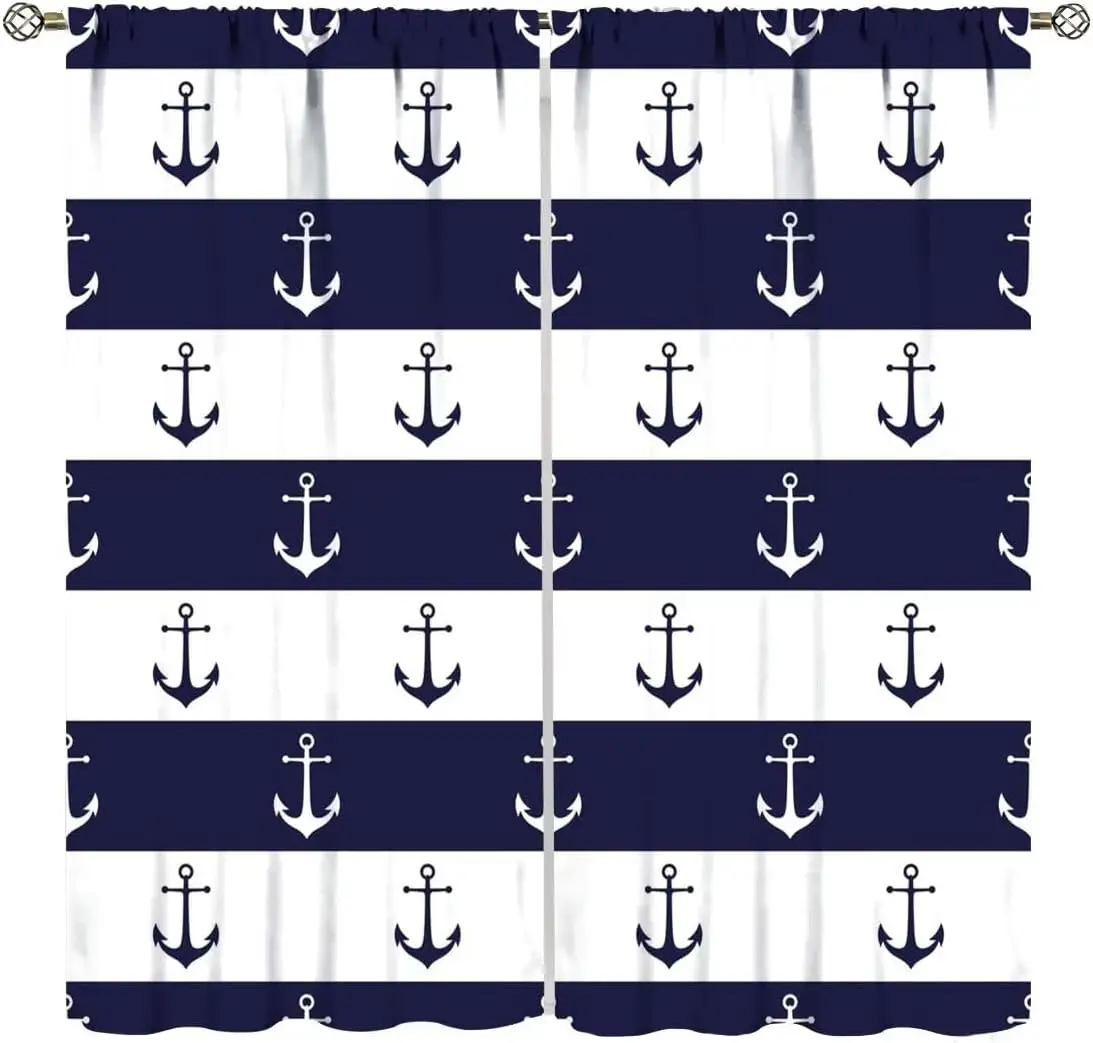 2 Panels Navy White Stripe Anchor Print Blackout Curtains Nautical Marine Ship Pattern Drapes Coastal Bedroom Balcony Window