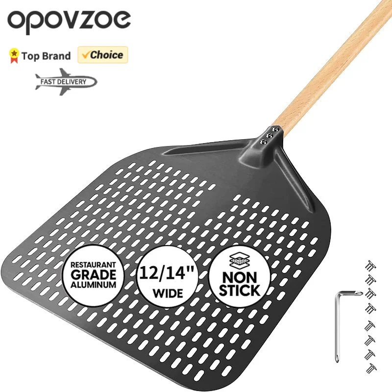 

12/14 Inch Aluminum Rectangular Pizza Shovel Perforated Pizza Turning Peel Spatula with Detachable Paddle Tool for Pizza Baking