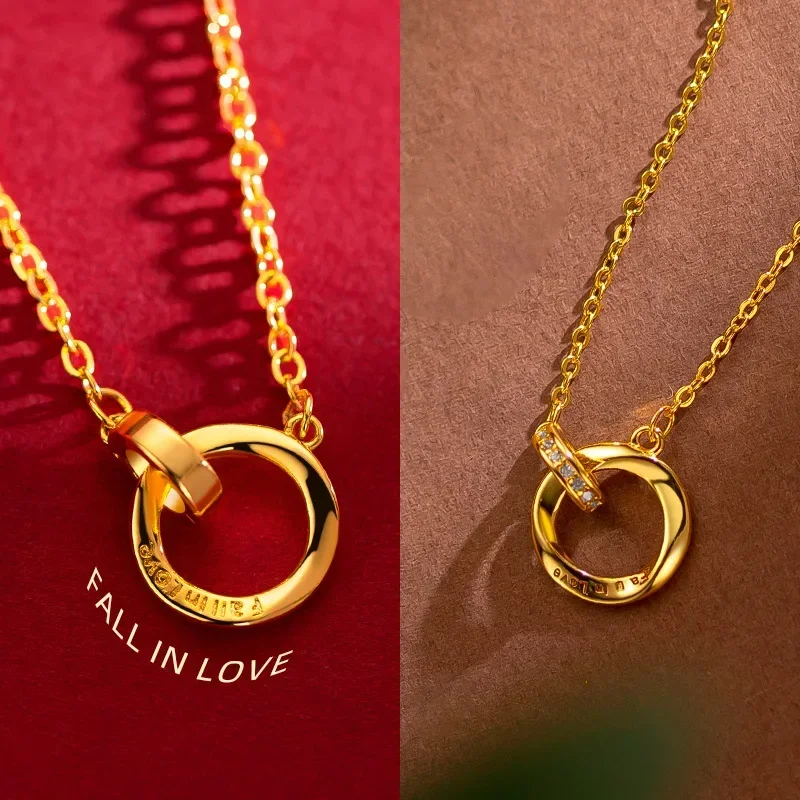 Gold shop same boutique 24K gold necklace AU999 real gold Mobius ring necklace female interlocking clavicle chain