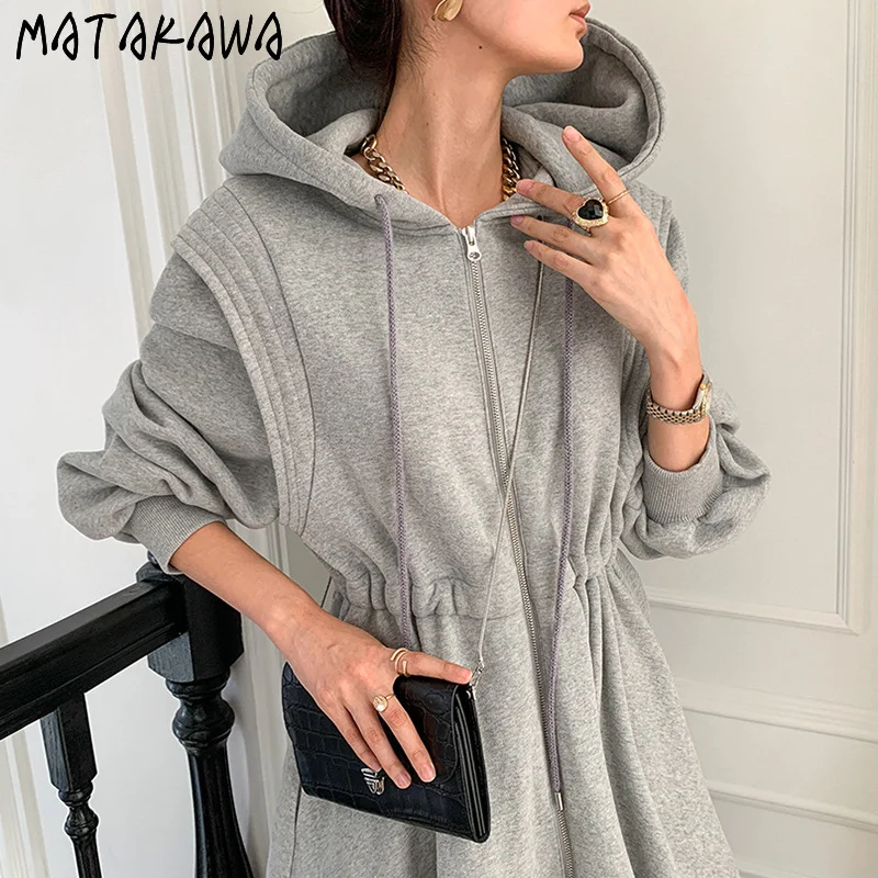 MATAKAWA Robe Korean Fashion Elegant Hooded Zipper Slim High Waist Cardigan Sweatshirt Dress Patchwork Vestidos Woman Clothes