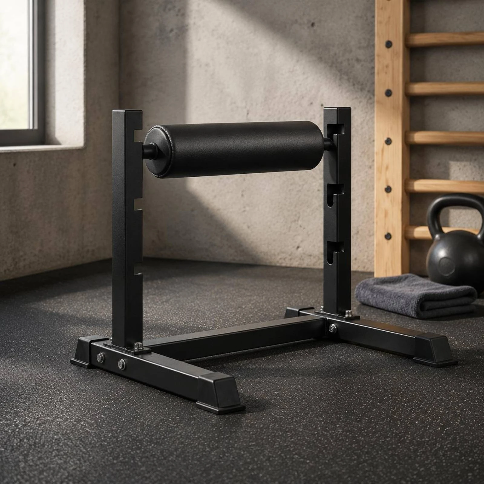 Support d'entraînement pour squats à une jambe avec rouleau rembourré, pour exercices fessiers, équipement de fitness antidérapant à structure métallique