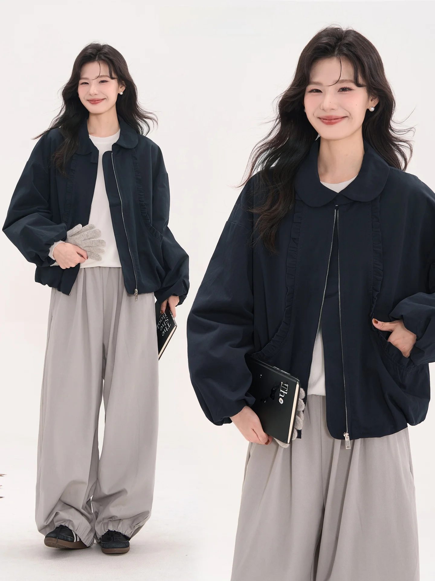 

Корейская женская хлопковая куртка с цветочным кружевом, молнией спереди, воротником-стойкой, свободного кроя, с длинными рукавами, осенняя мода