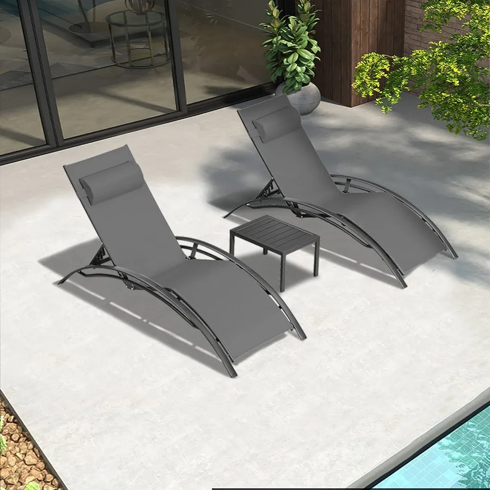 

Outdoor Lounger Set of 3, Outside Tanning Chairs with Arm for All Weather, Side Table Included, Outdoor Lounger