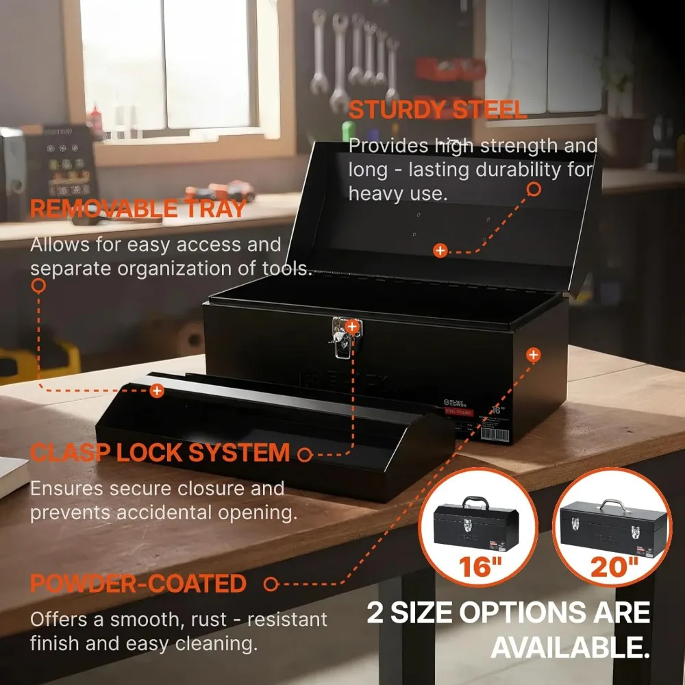 20 Inch Steel Tool Box, Carbon Steel, Portable & Padlockable, Durable for Trailer, Mechanic, DIY-ers, Car Toolbox, Workshops