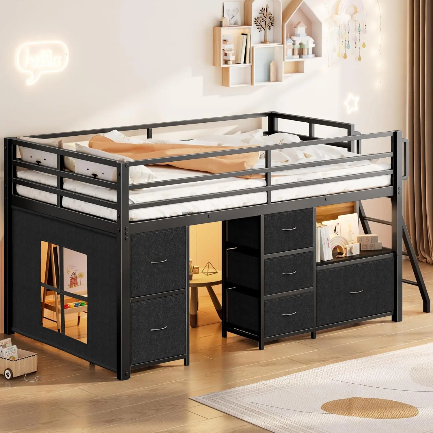 

Low Loft Bed with 6 Storage Drawers, Bookcase, LED Lights & Play Curtain, Loft Bed Full Size with Safety Rails &, Customized