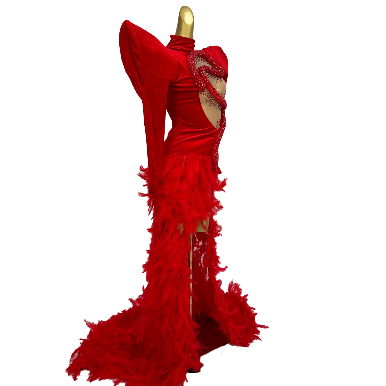 Unique Red Feather Elegant Dress for Women Celebrate Costume Evening Party Dress Blingbling Diamonds Birthday Gowns Shelifu