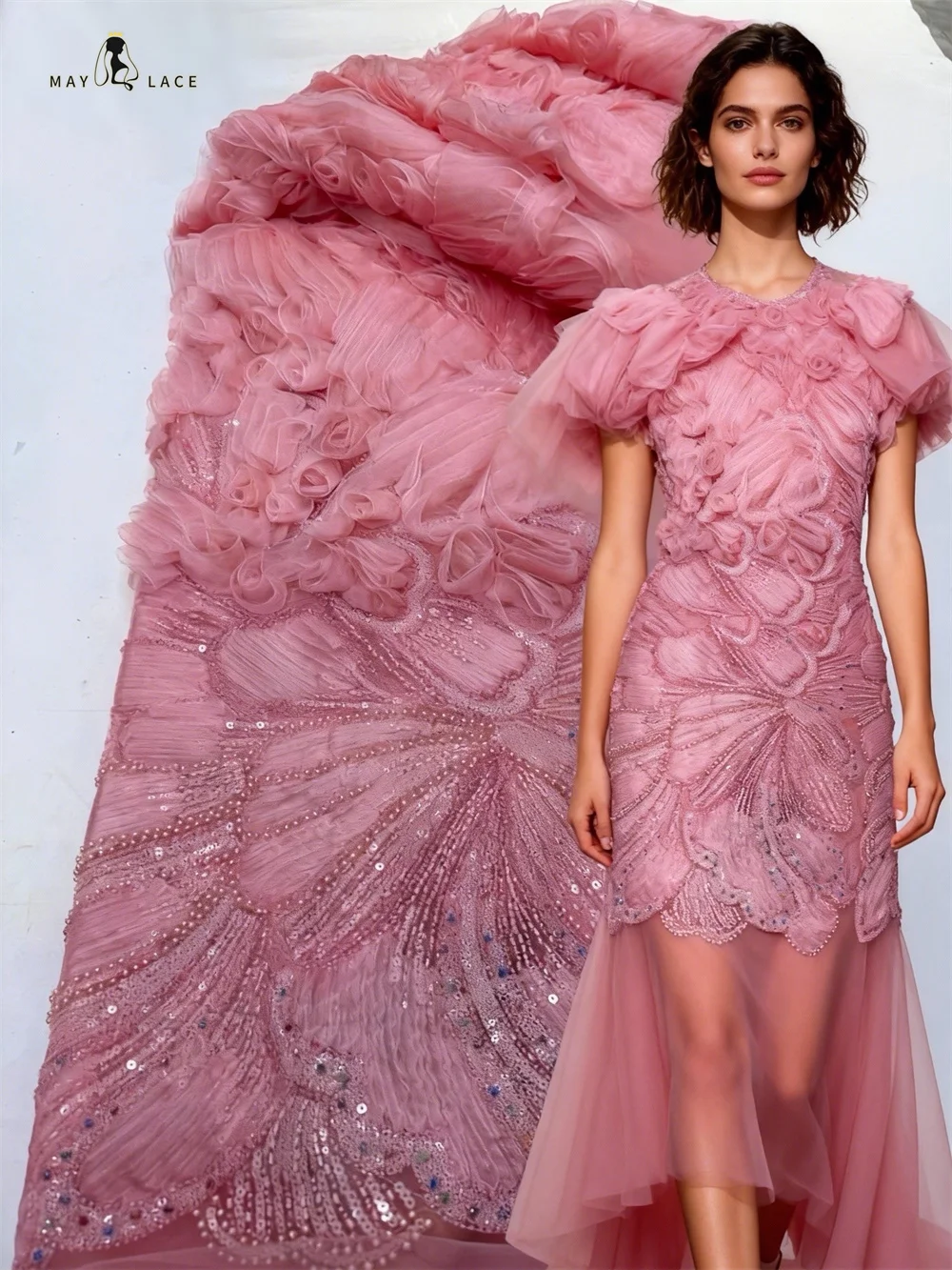 

2026 Latest French 3D Beaded Tulle Lace Fabric High Quality African Net Mesh Lace Fabrics With Sequins For Evening Party Dresses