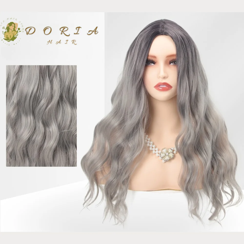 

Hot Selling Head Dyed Parting Wave Long Curly Hair Extensions Natural Fluffy Cosplay Grey Wig Long Synthetic Clip On Hairpiece