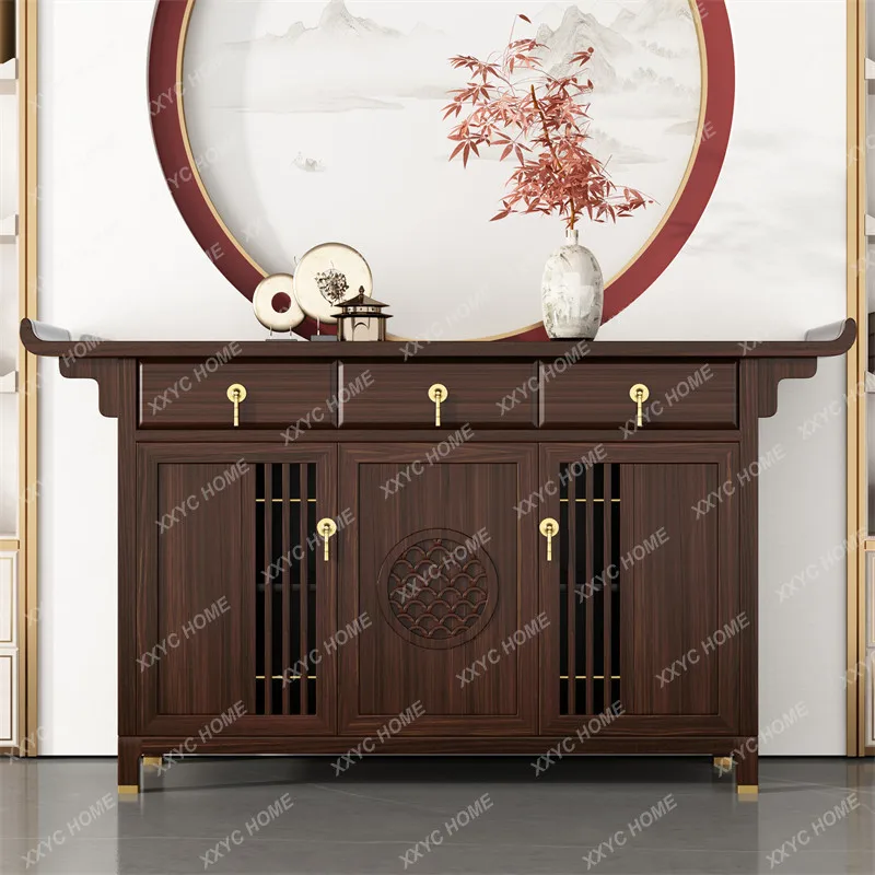 

New chinoiserie entrance cabinet black gold wood solid wood storage zen modern entrance table living room