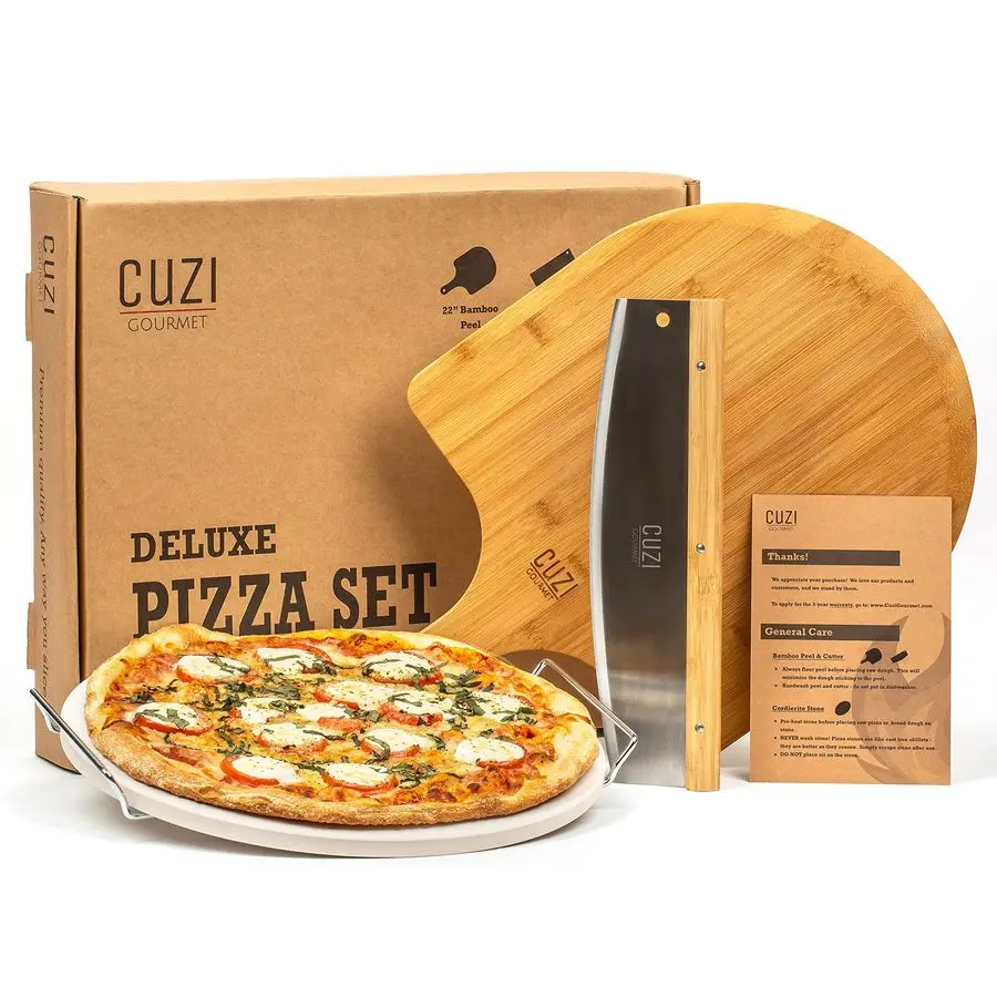 

4Piece Large Pizza Stone Set 13 Thermal Shock Resistant Cordierite Pizza Stone with Handle Rack, 19 Natural Bamboo Pizza Peel am