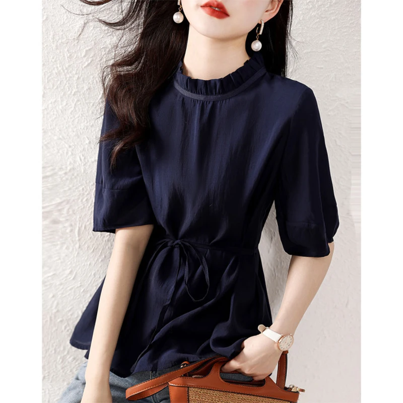 

Women Spring Korean Office Lady Solid Color O-neck Short Sleeve Casual Shirts Women Clothes Fashion All-match Appear Thin Tops