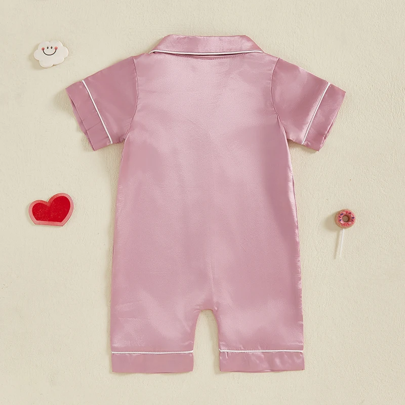 Blotona Piyama Satin Bayi Laki-laki Perempuan Jumpsuit Warna Polos Berkancing Lengan Pendek Pakaian Tidur Balita Lucu