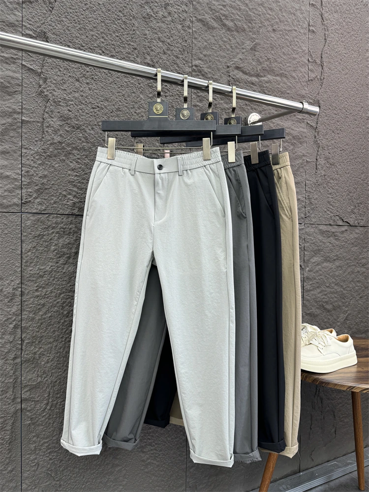 

Мужские модные облегающие повседневные брюки из ледяного шелка, дышащие удобные летние брюки для отдыха на небольшую ногу, чистый цвет