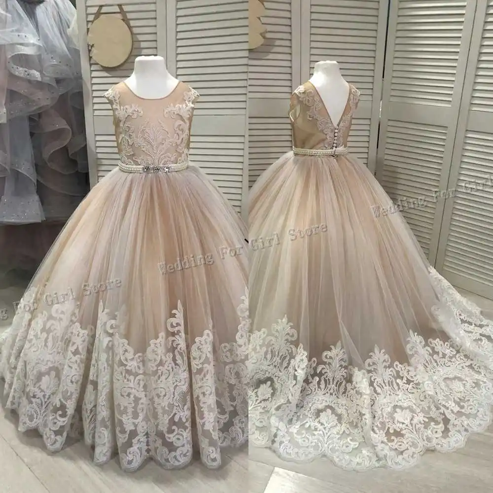 

Classic Tulle Flower Girl Dress Lace Appliques Pearls Beads Belt Wedding Birthday Ball Gown First Holy Communion Dresses