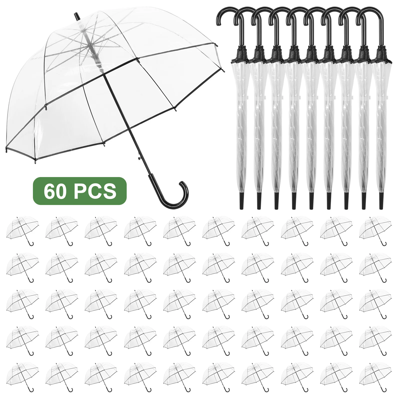 

60pcs Clear Umbrella with Classic Hook Handle 8 Ribs for Wedding,Rainy Days,Travel Essentials,Must-Have College Dorm Essentials