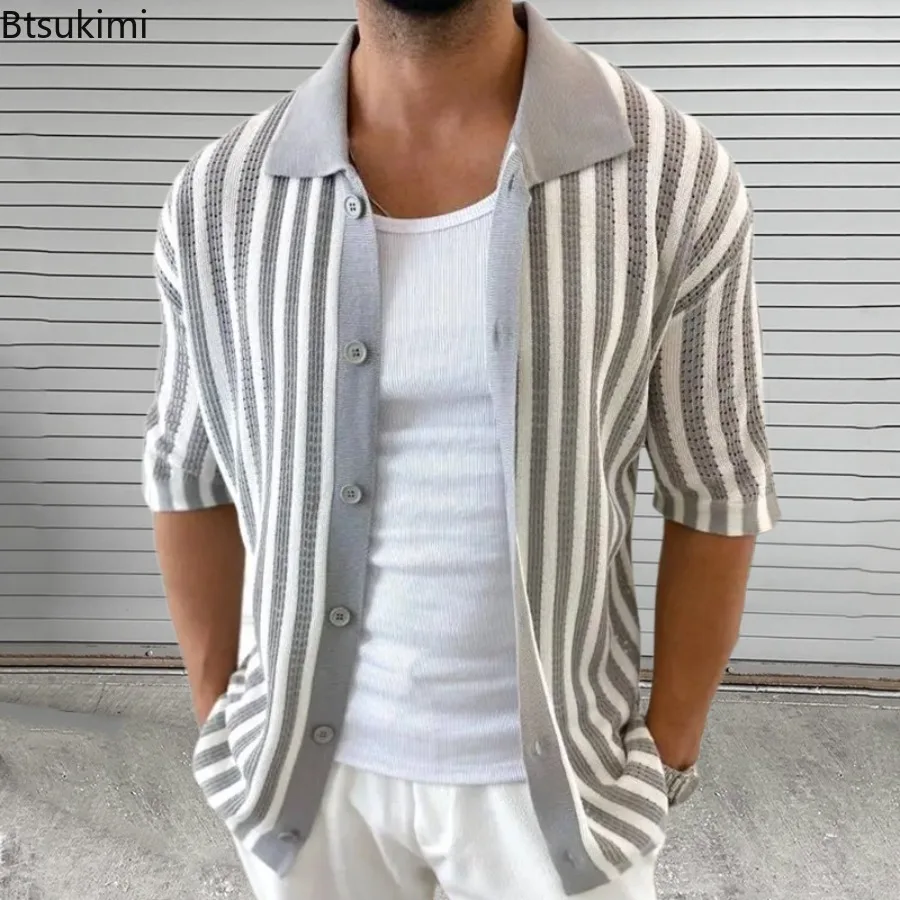 New 2025 Men's Summer Striped Knitted Polo Shirts Short Sleeve Turn-down Collar Button Cardigan Top for Men Casual Knitted Shirt