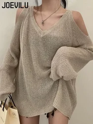 JOEVILU Knitted Sweater V-neck Off Shoulder Pullover Jumper Casual Sunscreen Cover Up Korean Fashion Streetwear Hollow Blouses