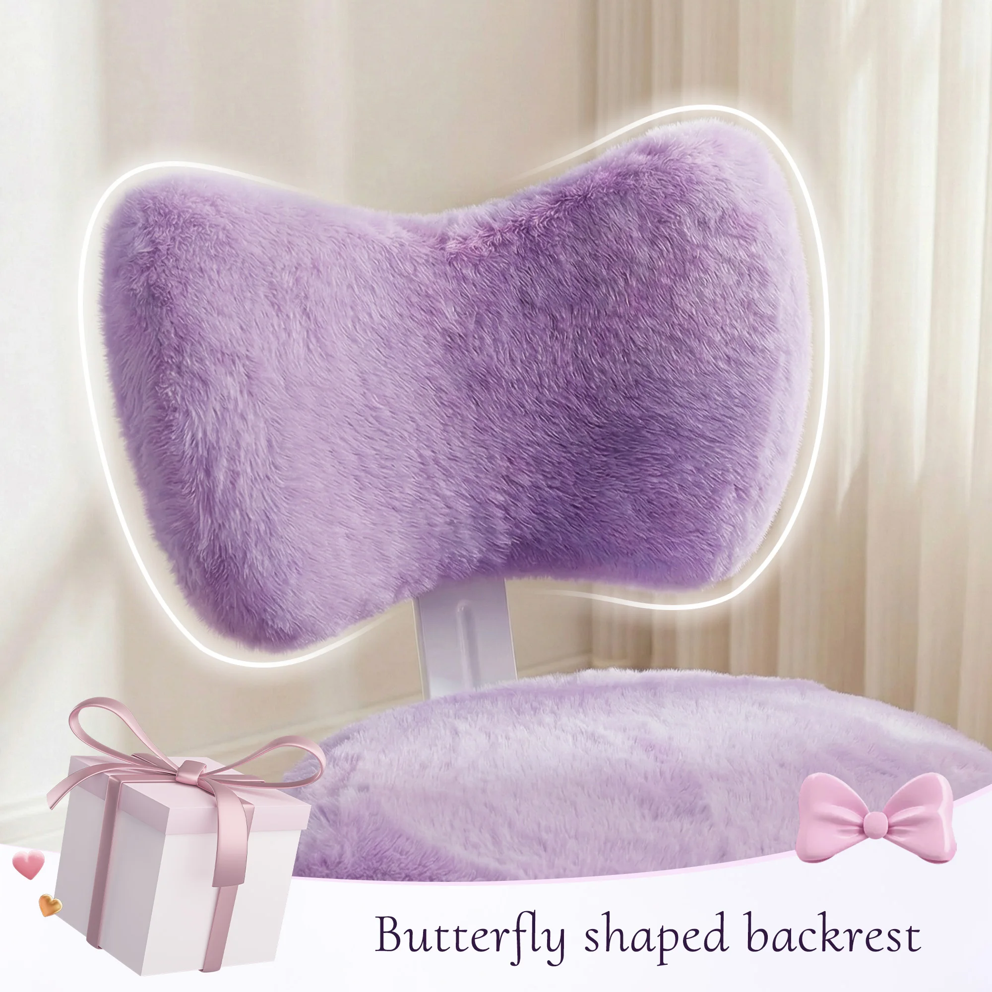 EnHomee  Cute Bow Back Vanity Chair with Wheels, Fluffy Faux Rabbit Fur Desk Chair, Height Adjustable Ergonomic Computer Chair, Portable Makeup Chair for Bedroom Dorm Home Office view 7
