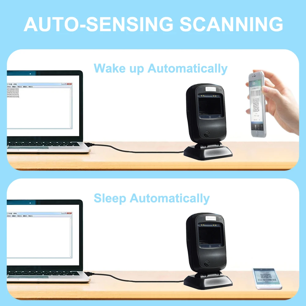 Hands-Free 2D Desktop QR Barcode Scanner 1280x800 High Resolution 46° Wide Reading Angle IP52 Durable USB RS232 Table Scanner