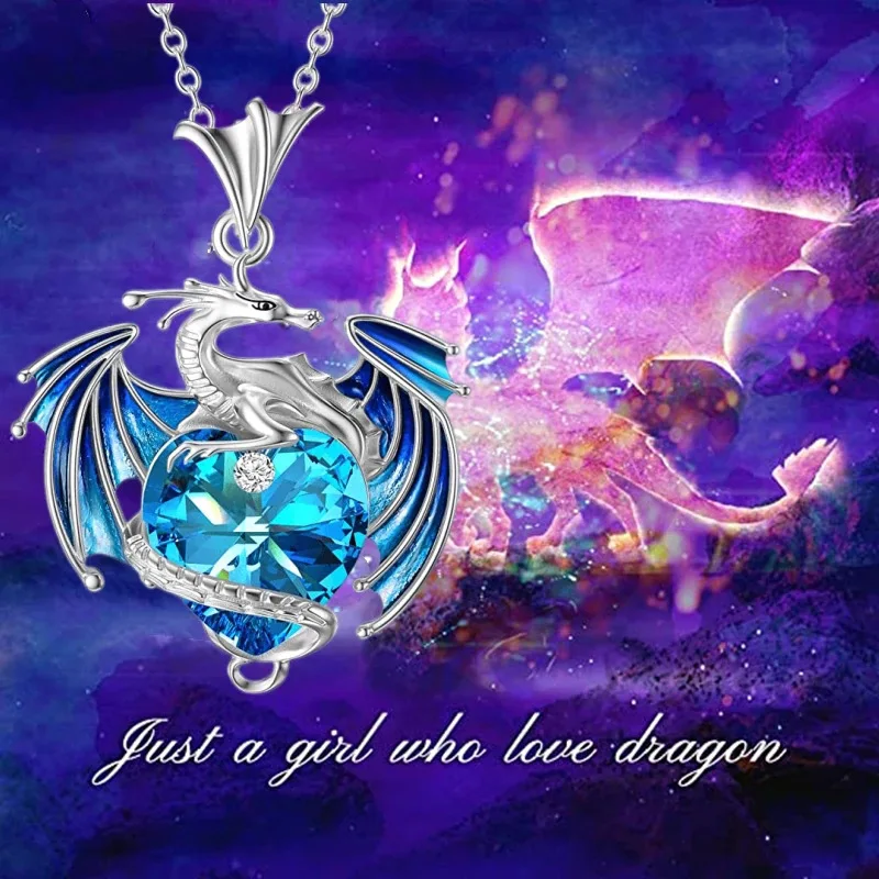 Fantasy Design Colorful Crystal Dragon Pendant Necklace for Women Blue Purple Dragon Necklace Cute Dragon  AnimalJewelry Gift