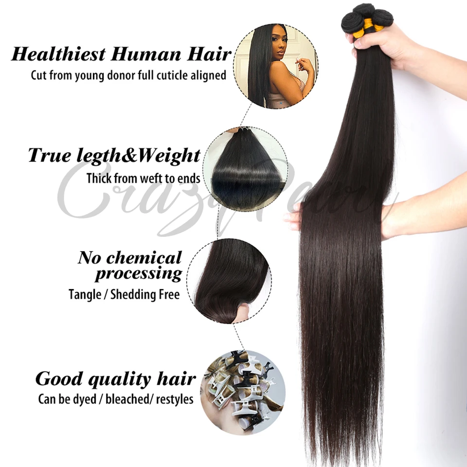 Paquetes de cabello humano con frontal recto, cierre de encaje HD 13x4, cabello virgen brasileño sin procesar 4