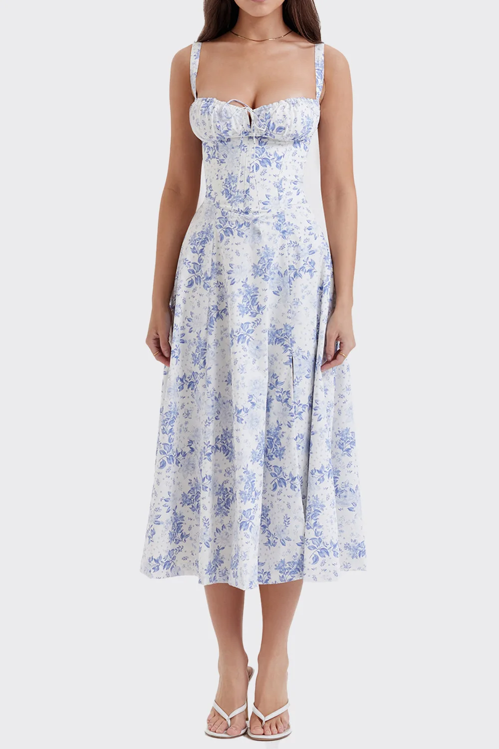 Sommerkleid für Damen mit Blumenmuster, langem Schnitt, verstellbaren Trägern, Midi-Korsett, Urlaubs- und Strandkleid, fließend, mit Schlitz und Schnürung, für Ausgeh-Anlässe – Detail 8