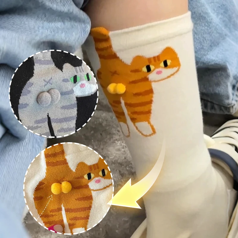 الكرتون لطيف القط كرات الجوارب القطنية Kawaii تنفس الحياكة الجوارب للنساء الفتيات الأوسط أنبوب النوم جورب القط طباعة الطابق جورب #1